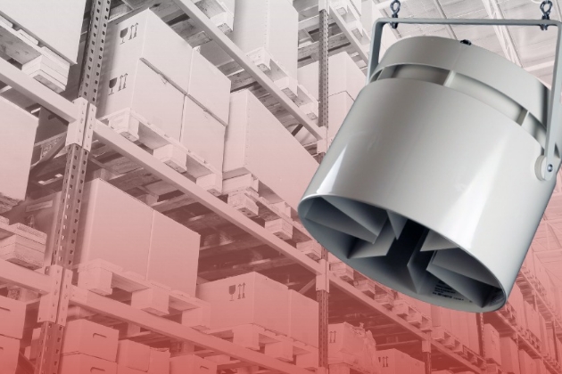 An Airius destratification fan overlaying a warehouse setting