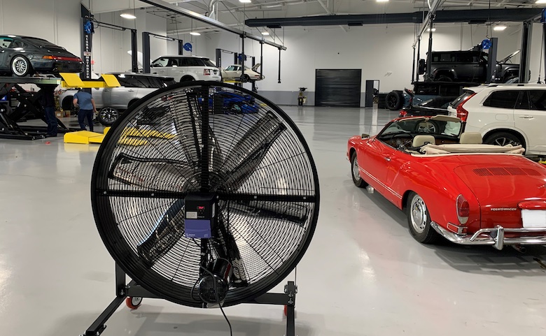 AirMobile, the mobile directional fan in a commercial garage